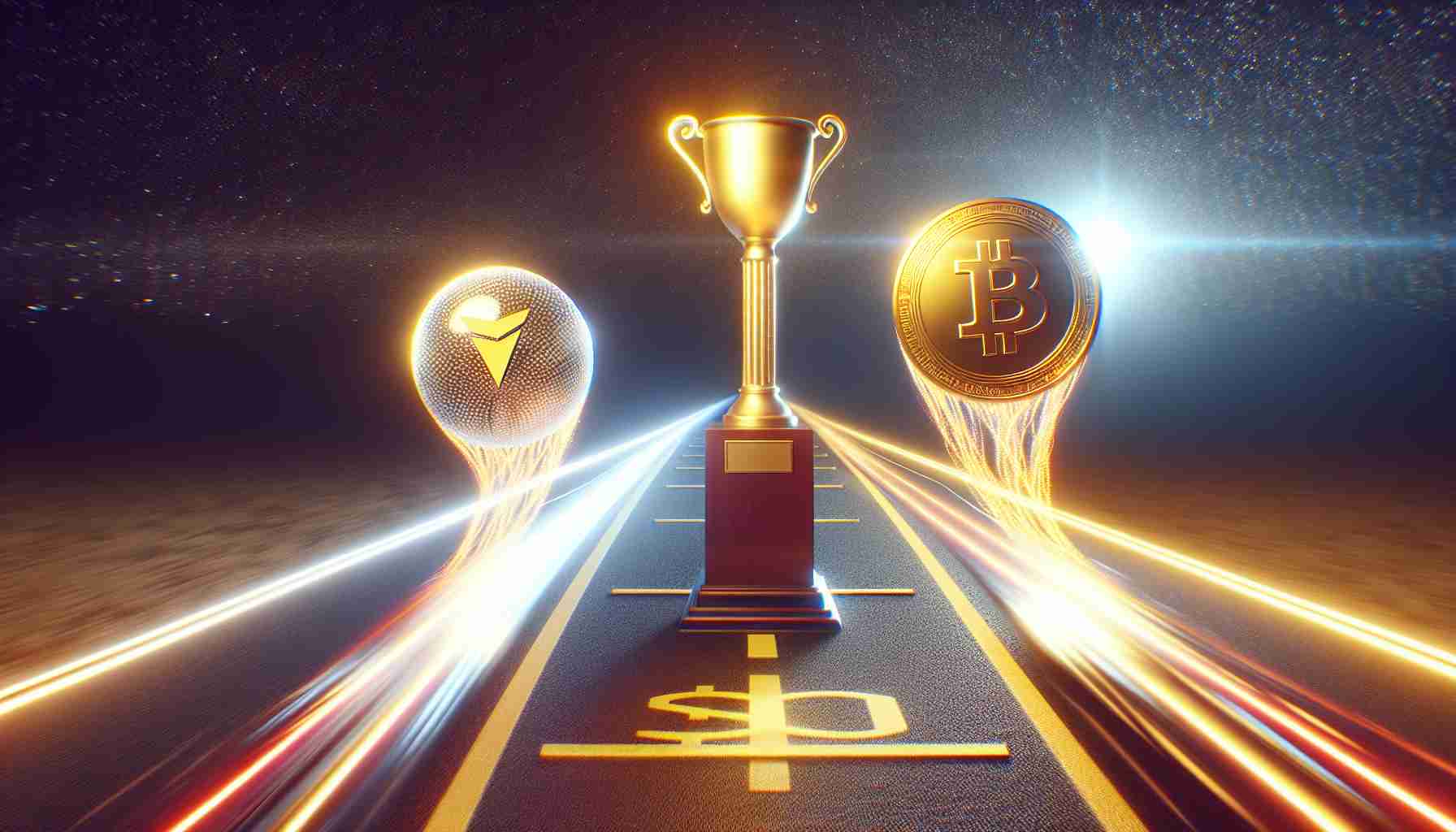 A realistic, high-definition image showcasing the concept of Polkadot and Chainlink as leading contenders in the race to reach a market capitalisation value of $10 billion in the cryptocurrency world. The scene should symbolise a competitive dash, perhaps with visual metaphors such as two dynamic, glowing orbs (representing the cryptocurrencies) streaking towards a towering golden trophy or destination sign that symbolises the $10 billion mark.