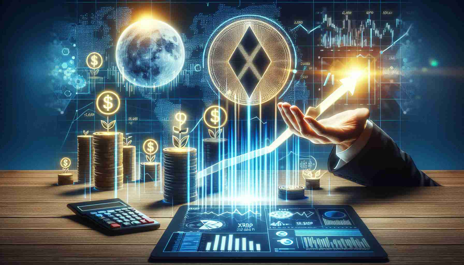 High definition realistic image of the concept symbolizing the potential growth of a digitized currency 'XRP', as triggered by an imminent initial public offering (IPO). The graphic should represent financial growth, digital assets, and the economic potential of a new undertaking