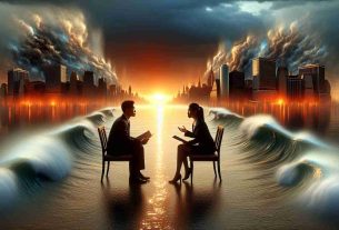 Realistic, high-definition image of symbolic scene encapsulating changes in U.S. cryptocurrency policy, visualized as two individuals - one Asian man and one Hispanic woman, both policy-makers - deeply engrossed in conversation with a backdrop of the sea with fluctuating tides. To further symbolize the upcoming decision-making event, a glowing, dramatic skyline looms in the backdrop, set ablaze by the setting sun.