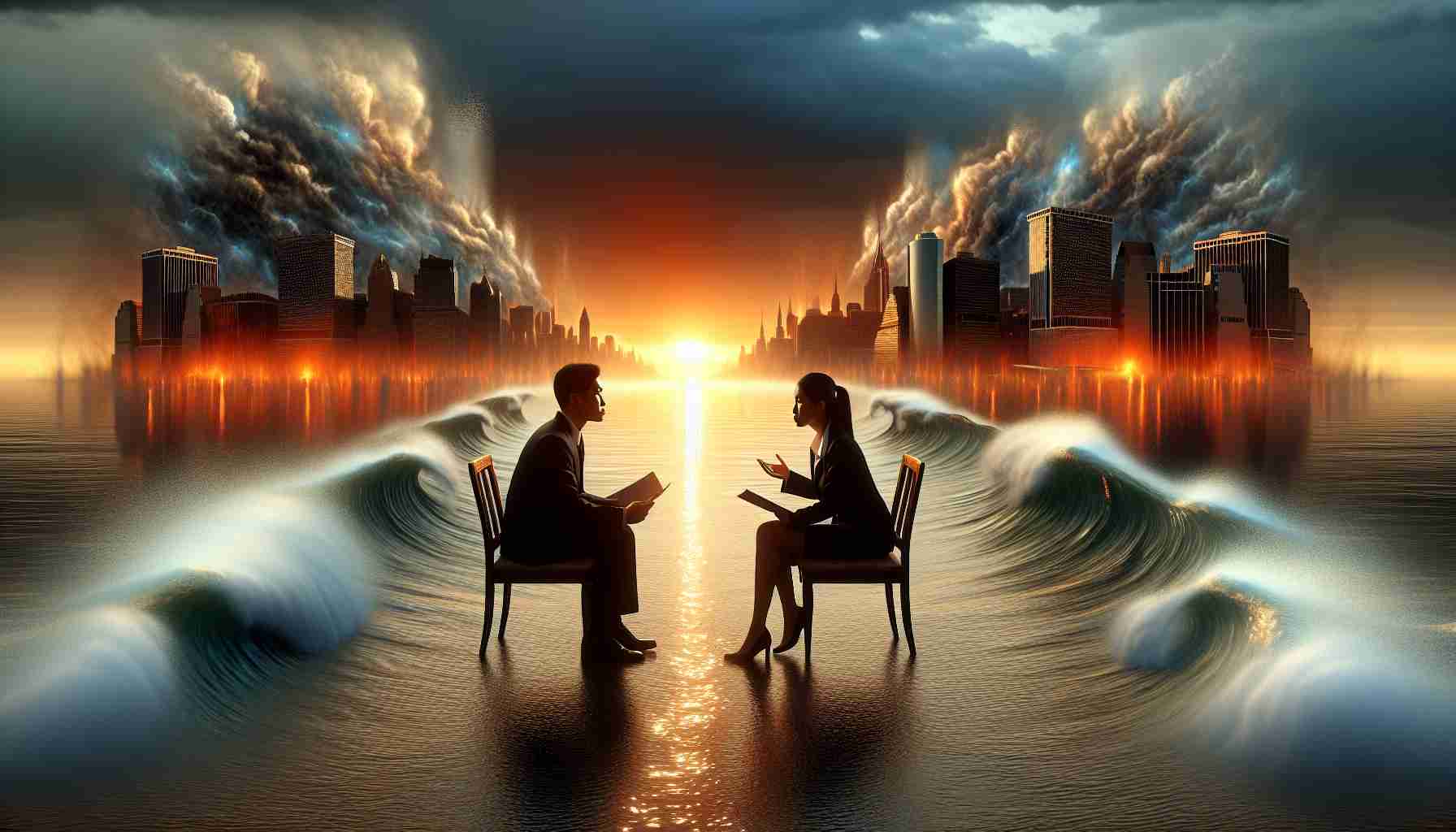 Realistic, high-definition image of symbolic scene encapsulating changes in U.S. cryptocurrency policy, visualized as two individuals - one Asian man and one Hispanic woman, both policy-makers - deeply engrossed in conversation with a backdrop of the sea with fluctuating tides. To further symbolize the upcoming decision-making event, a glowing, dramatic skyline looms in the backdrop, set ablaze by the setting sun.