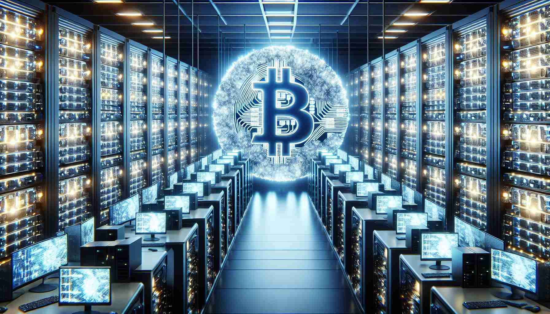 An ultra-high definition image depicting a concept of a well-known telecommunication company venturing into cryptocurrency mining operations. The scene should showcase a myriad of advanced servers and computer systems in a large, temperature-controlled room, organized in rows and working tirelessly. Display vividly the graphic representation of bitcoin symbol glowing amid the network of quantum computers. Make sure to project the sheer scale of the operation with the glow of thousands of lights from the mining machines illuminating the room.