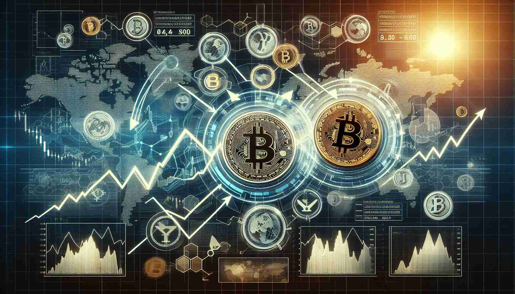 Create a realistic HD image representing the idea of 'Understanding the Dynamic Duo: Bitcoin and Dogecoin's Correlation and Market Movements'. The image could be a detailed collage of elements such as graphical charts depicting fluctuating curves of Bitcoin and Dogecoin values, correlated movements, market trends. Include icons or symbols of both Bitcoin and Dogecoin, perhaps with arrows connecting them indicating correlation. The background could be filled with a schematic of currency markets around the world, hinting at the global relevance of cryptocurrency. Please ensure the aesthetic is modern, with a tech-oriented design.