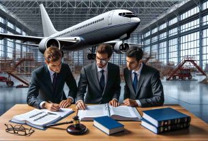 A realistic high-definition image representing the abstract concept of U.S. prosecutors considering criminal charges against a large airplane manufacturing company. The scene involves well-dressed lawyers looking at documents and legal books, with a backdrop of giant hangar with airplanes under construction.