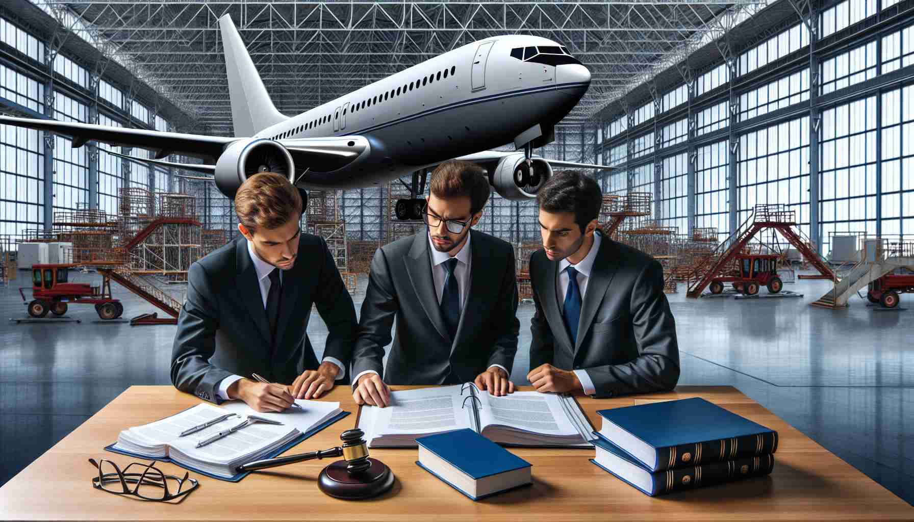 A realistic high-definition image representing the abstract concept of U.S. prosecutors considering criminal charges against a large airplane manufacturing company. The scene involves well-dressed lawyers looking at documents and legal books, with a backdrop of giant hangar with airplanes under construction.