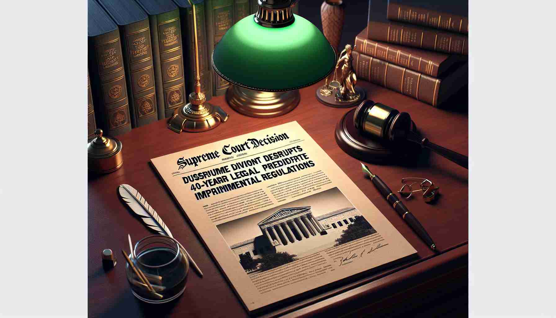 Create a high-definition, realistic image of a legal document bearing the title 'Supreme Court Decision Disrupts 40-Year Legal Precedent Impacting Environmental Regulations'. The document should be laying on a mahogany desk with a green banker's lamp providing illumination. Background elements can include a gavel, legal textbooks, and inkwell with a quill pen. The atmosphere must evoke a sense of formality and gravity, typical of a landmark judicial decision.