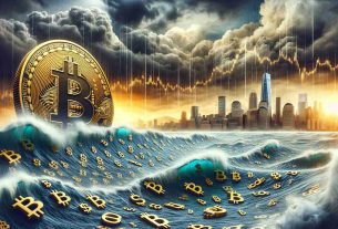 Please create a detailed scene in a realistic style showcasing the concept of Bitcoin fluctuating around the $64,000 mark, with signs of market uncertainty. This could be represented by a wavy sea with a giant, golden Bitcoin coin floating, and turbulent skies overhead. The sea could be filled with numeric figures representing the Bitcoin's price, all in chaos due to the storm, symbolizing market volatility. In the background, an ominous skyline of skyscrapers might embody the financial markets, outlined against a backdrop of somber clouds.