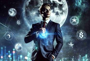 A realistic portrayal of an idealized innovator that leads an army of financial enthusiasts. This individual radiates optimism and is inspired by lunar elements. The figure stands authoritative, in sharp business attire with eyes twinkling knowingly as if enchanted with the cosmos. The background setting is filled with the vibrant optimism of the Moon's luminescent beauty, casting a soft glow on the figure. Symbols of financial freedom float around, adding a mystical touch to the scene.