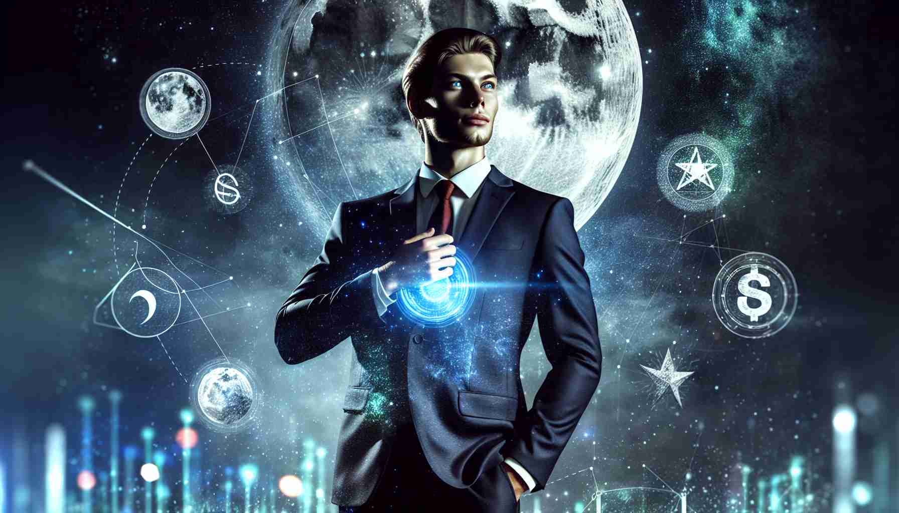 A realistic portrayal of an idealized innovator that leads an army of financial enthusiasts. This individual radiates optimism and is inspired by lunar elements. The figure stands authoritative, in sharp business attire with eyes twinkling knowingly as if enchanted with the cosmos. The background setting is filled with the vibrant optimism of the Moon's luminescent beauty, casting a soft glow on the figure. Symbols of financial freedom float around, adding a mystical touch to the scene.