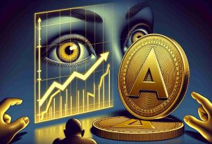 Generate a high-definition, realistically-styled illustration that metaphorically represents anticipation of a surge in altcoin value. This could include elements such as a gold-colored coin with an 'A' symbol embossed on it, a graph with a sharply rising trend line, and an atmosphere of anticipation rendering subtle cues like eyes eagerly watching the coin and graph.