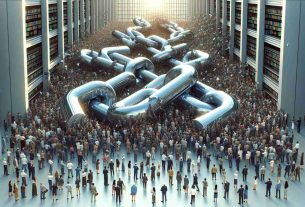 An ultra-high-definition, digital rendering of a large number of link chains being moved into exchange buildings, causing a flurry of activity and interest in the financial market. The scene depicts a number of diverse individuals representing different ethnicities like Caucasian, Hispanic, Black, Middle-Eastern, South Asian, and East Asian observing and reacting to this massive transfer. Each link chain metaphorically shows the flow of digital assets into the exchanges. This event is presented symbolizing a surge in market interest.