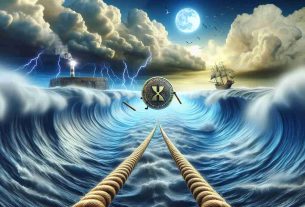 Generate a high-definition, metaphorical image displaying the concept of a coin labeled 'XRP' trying to find balance on a tightrope stretched over a tempestuous sea, symbolizing the currency's struggle for stability amid surging and plummeting market waves. The coin is shown in mid-fall trying to regain its footing, adding tension to the scene. Dynamic clouds symbolize fluctuating market sentiment, while a distant lighthouse symbolizes hope and guidance. This image should not include any people or recognizable locations.