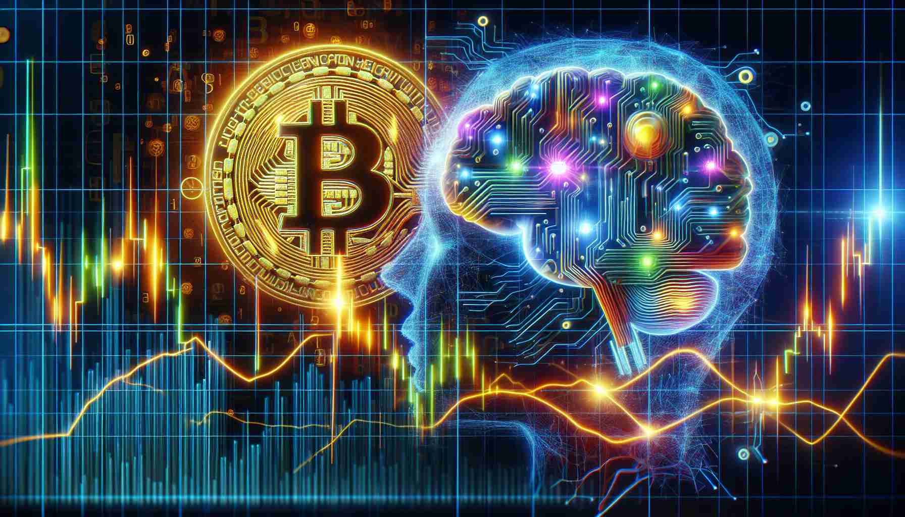 An ultra-high-definition visual representation showcasing the intricate relationship between Bitcoin's market movements and Artificial Intelligence. The image should depict a vibrant graph or chart showing Bitcoin's fluctuations in the foreground, with a symbolic visual of an AI (perhaps a stylized brain with circuits) in the background, blending together in a symbiotic and harmonious manner. The aesthetics should carry a modern, techno-digital vibe, signifying the cutting-edge nature of these fields.