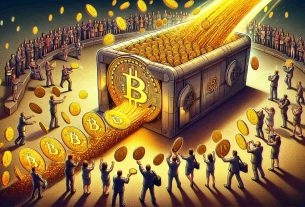 Generate a highly detailed, realistic illustration of a news headline depicting market unrest. The main focus is the transfer of a symbolic amount of Bitcoins, depicted as golden physical coins with the Bitcoin logo, being moved from one place to another. This transfer occurs to a symbolic representation of the platform 'Coinbase', depicted as a large, secure vault. The coins are shown in motion, leaving a trail behind them to illustrate their movement. Additionally, depict a crowd of various people reacting to this event with emotions ranging from surprise, worry, and intrigue. This scene does not include any governmental or personal figures.