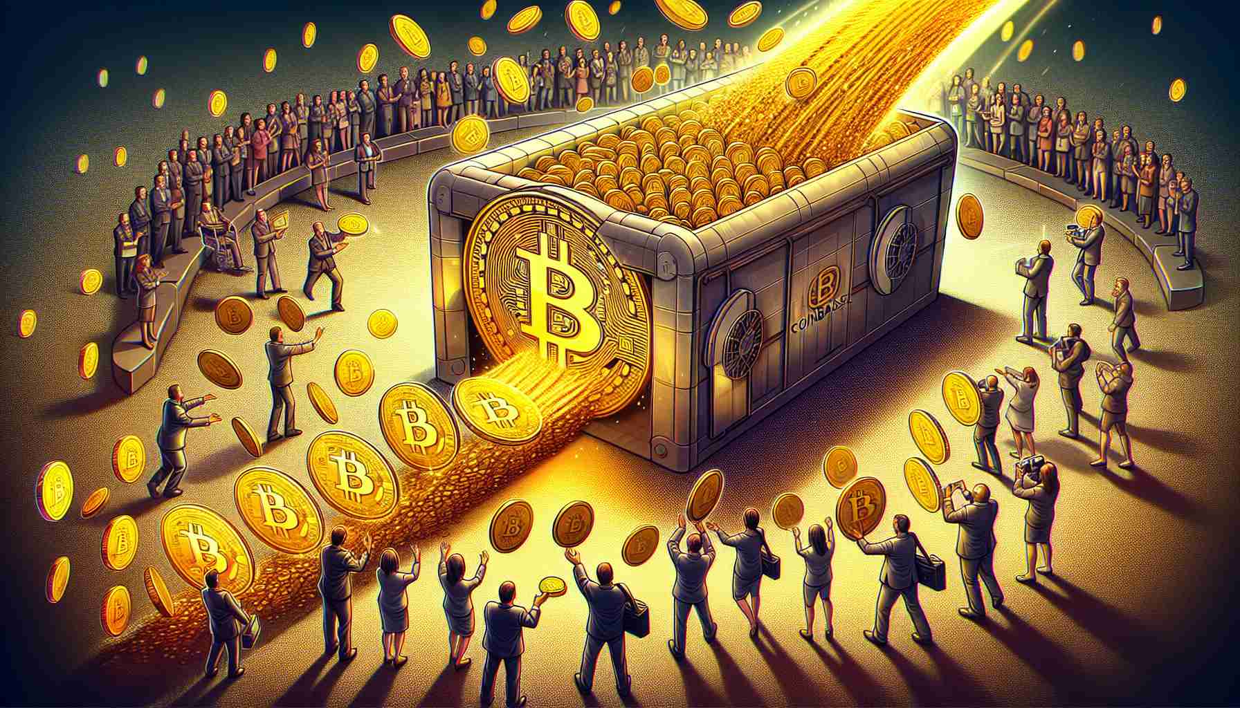 Generate a highly detailed, realistic illustration of a news headline depicting market unrest. The main focus is the transfer of a symbolic amount of Bitcoins, depicted as golden physical coins with the Bitcoin logo, being moved from one place to another. This transfer occurs to a symbolic representation of the platform 'Coinbase', depicted as a large, secure vault. The coins are shown in motion, leaving a trail behind them to illustrate their movement. Additionally, depict a crowd of various people reacting to this event with emotions ranging from surprise, worry, and intrigue. This scene does not include any governmental or personal figures.