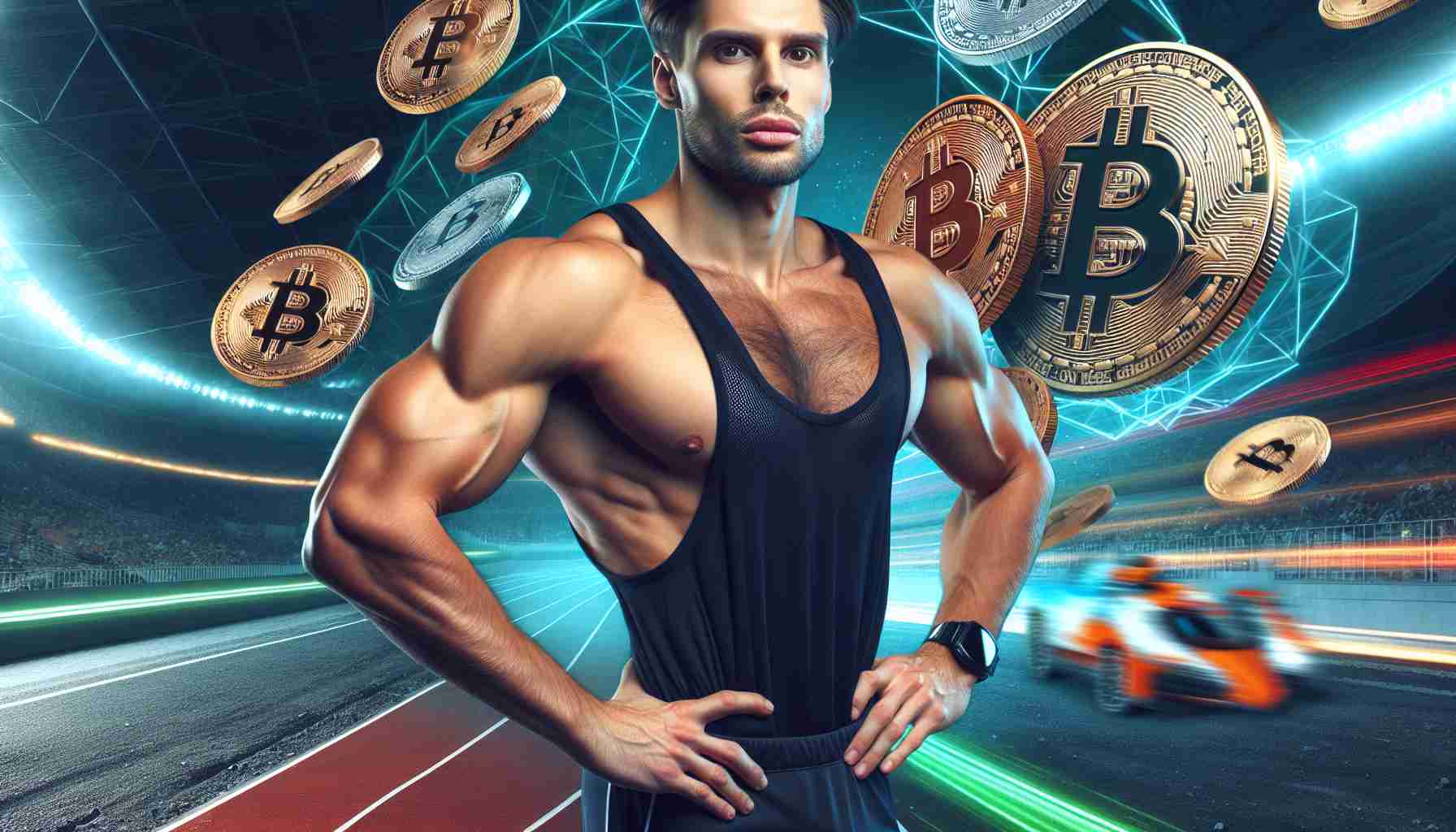 High-definition photo of a sporty man with a well-built physique making large cryptocurrency bets on sporting events and encountering obstacles.