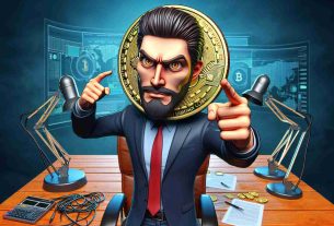 Realistic HD image of a caricatured character looms for a fictional cryptocurrency dubbed 'Political Leader Coin' amid concerns regarding its market listing.