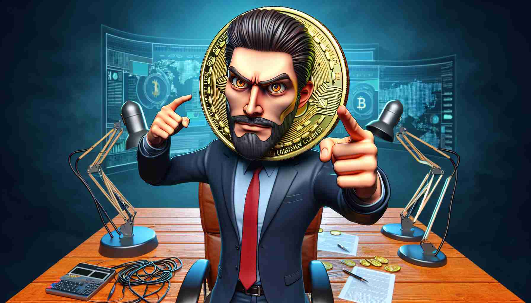 Realistic HD image of a caricatured character looms for a fictional cryptocurrency dubbed 'Political Leader Coin' amid concerns regarding its market listing.