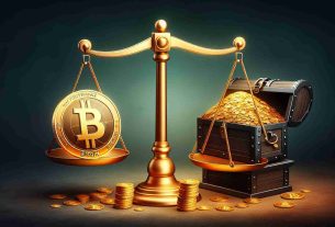 Create a high definition, realistic image that represents the concept of cryptocurrency, particularly Bitcoin, being used for bold business strategies. Illustrate this through a balance scale, with a small pile of coins on one side and a massive treasure chest filled with gold on the other side, symbolizing modest investments transforming into fortunes.