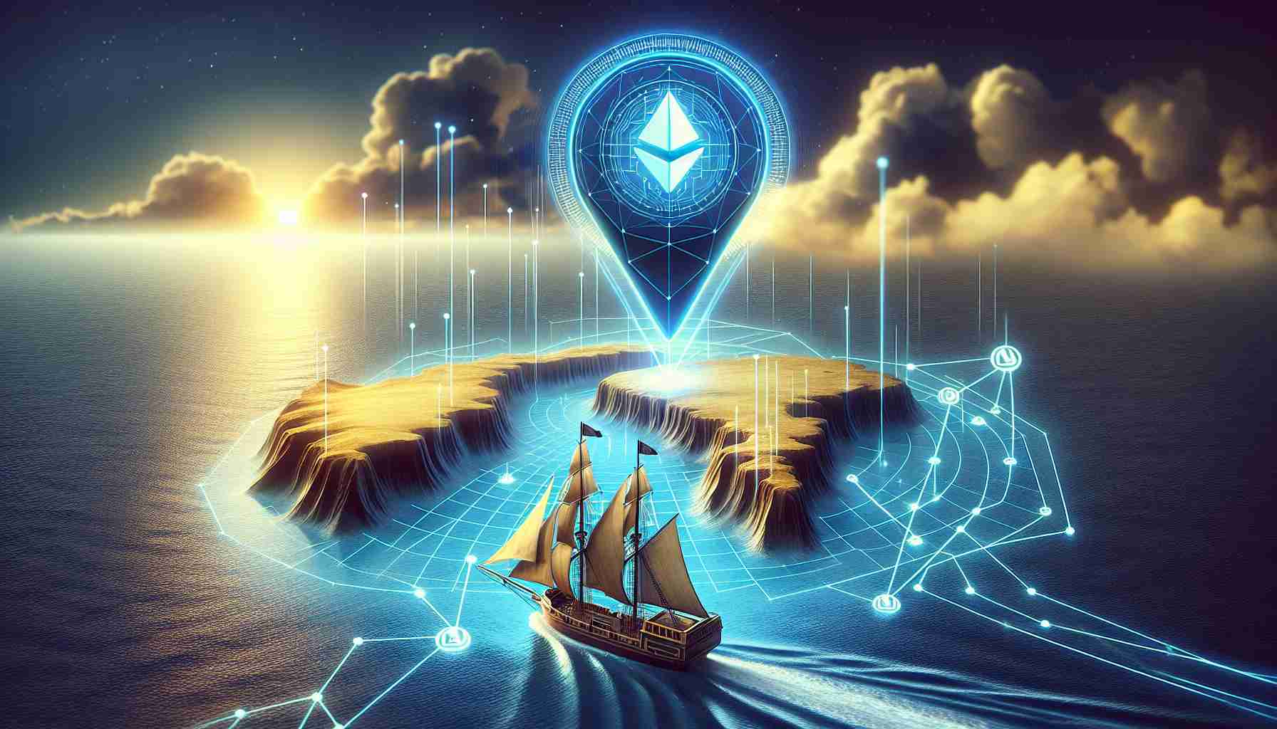 Visualize a realistic high-definition image showing a symbolic representation of the leading cryptocurrency exchange platform Coinbase charting its own course for an upcoming merger with an AI token. This could be depicted as a navigation map with the Coinbase logo on a ship sailing towards an island shaped like an AI token.