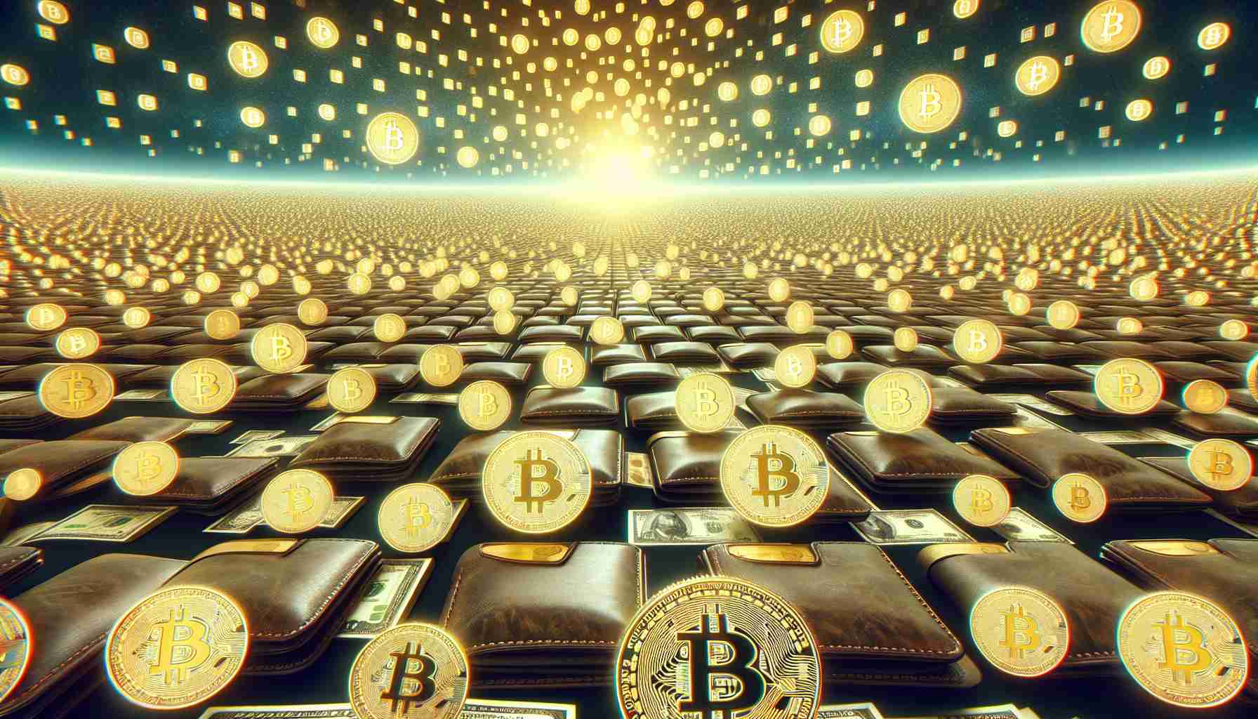 Illustrate the concept of over one million wallets now holding at least one Bitcoin. This could be symbolically represented with a vast field of digital wallets, each containing the golden symbol of Bitcoin. Imagine a staggering amount, like one million wallets, seemingly extending beyond the horizon while each wallet holds a shining icon of Bitcoin. The image capture should be high-definition, with a focus on clarity and detail.