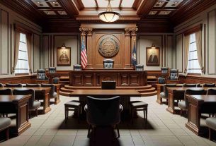 A realistic, high-definition image of a grand courtroom. The setting is classic, filled with the solemnity and prestige that is characteristic of high courts. The room would be dominated by a judge's bench, placed on a raised platform for prominence, with the national flag behind it. A large wooden table with chairs around it should be there for the legal counsels of both parties. On the wall, there could be inscriptions or framed documents which signify the revision of administrative review standards.