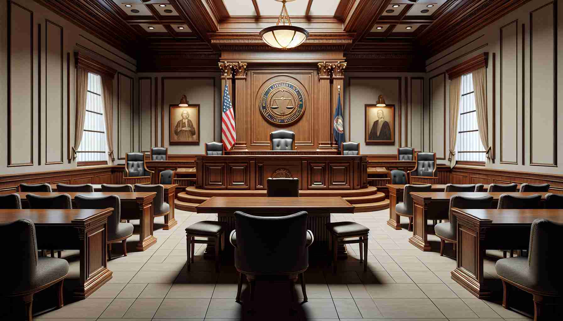 A realistic, high-definition image of a grand courtroom. The setting is classic, filled with the solemnity and prestige that is characteristic of high courts. The room would be dominated by a judge's bench, placed on a raised platform for prominence, with the national flag behind it. A large wooden table with chairs around it should be there for the legal counsels of both parties. On the wall, there could be inscriptions or framed documents which signify the revision of administrative review standards.