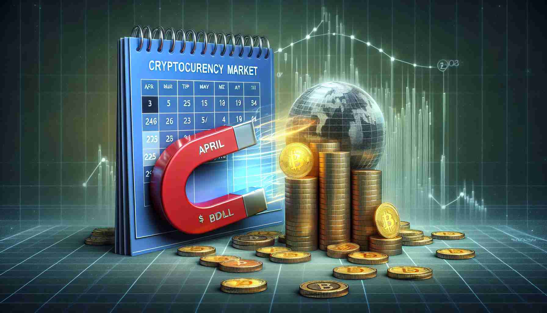 An ultra-high-definition image showing an abstract representation of the cryptocurrency market. Depict a large magnet labeled 'Cryptocurrency Market' drawing in stacks of coins totaling more than $1 Billion. The scene may also include calendar pages for the months of April and May, with a visually discernible slight decrease in the amount of coins between the two months.