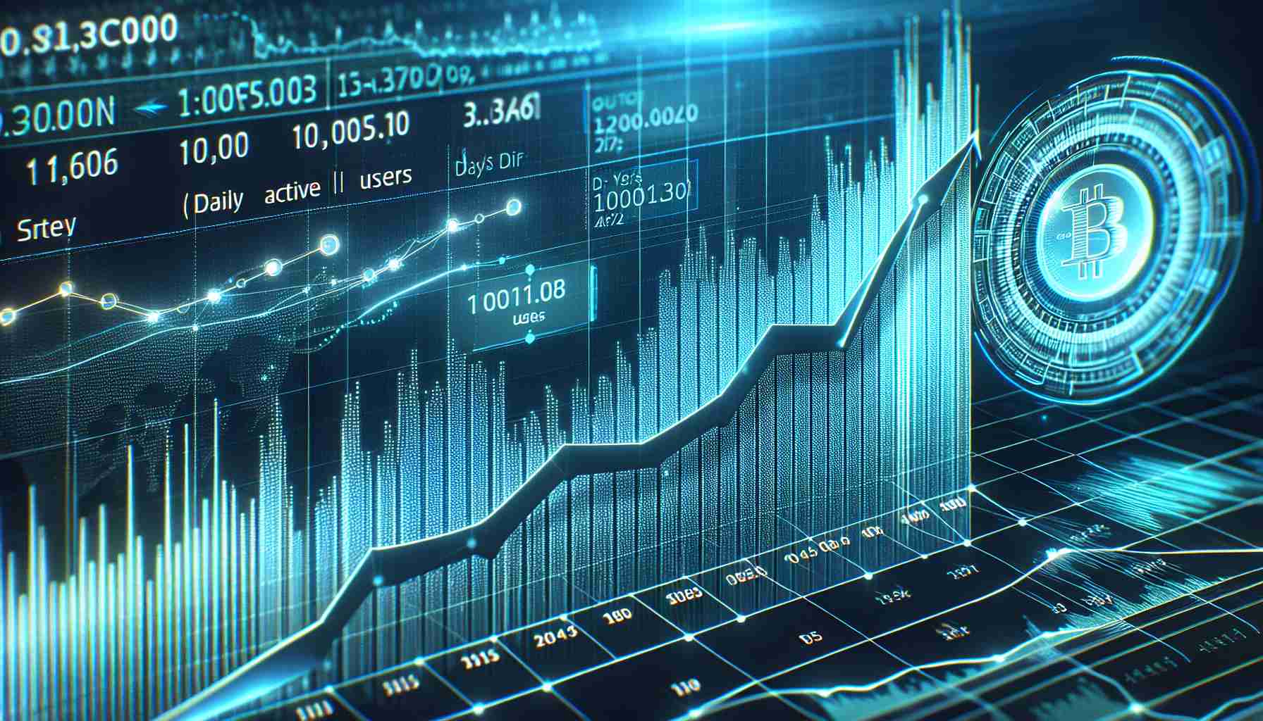 Generate a high-definition graphic visualization showing the daily active users of a fictional cryptocurrency, named as 'Toncoin', increasing over time. This visualization may include a line graph trending upward, displaying dates along the x-axis and the number of users on the y-axis. The background could be a futuristic digital screen, emphasizing the modern and technological nature of cryptocurrency.