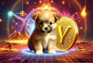 Capture an image that portrays a charming, small puppy evident of a breed with a compact body and short, soft fur, allying with a symbolic, digital currency embodied by a luminous gold coin inscribed with the letter 'Y'. They're placed in an environment that hints at the world of video games - specifically, a realm intricately designed with bright energy portals, polygonal landscapes, and pixelated items scattered around.