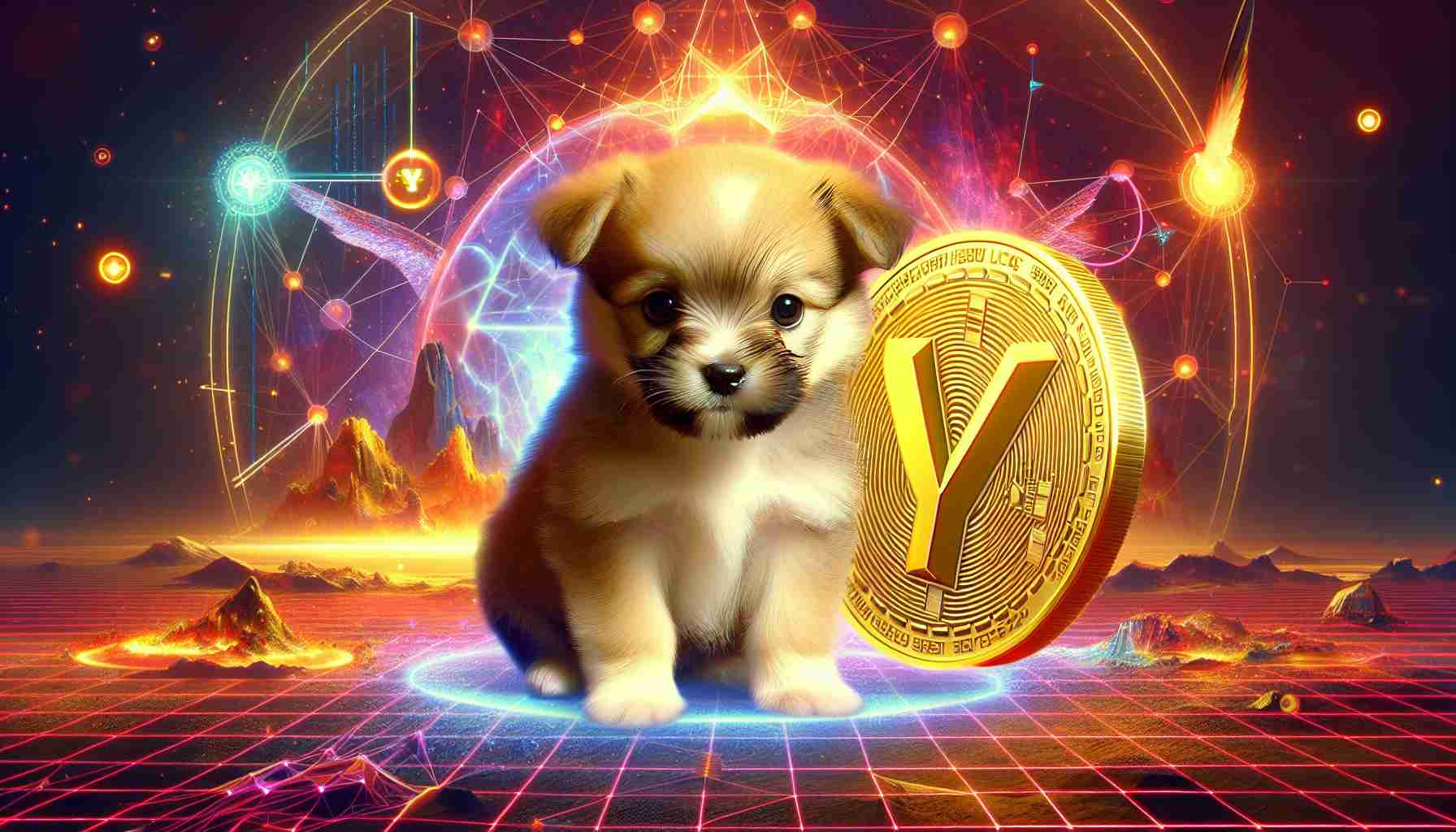 Capture an image that portrays a charming, small puppy evident of a breed with a compact body and short, soft fur, allying with a symbolic, digital currency embodied by a luminous gold coin inscribed with the letter 'Y'. They're placed in an environment that hints at the world of video games - specifically, a realm intricately designed with bright energy portals, polygonal landscapes, and pixelated items scattered around.