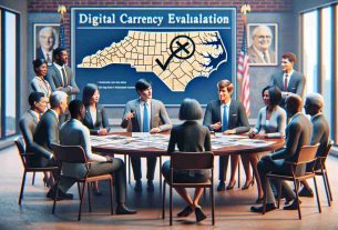 Generate a detailed scene of a state government office in North Carolina, symbolizing the move to challenge federal policies. Show several officials - an Asian woman, a Black man, and a Middle Eastern woman - engaged in a lively discussion around a table. On the table, depict a large paper with the heading 'Digital Currency Evaluation' crossed out. On a nearby wall, display a map indicating North Carolina. Make it a realistic high-definition image.