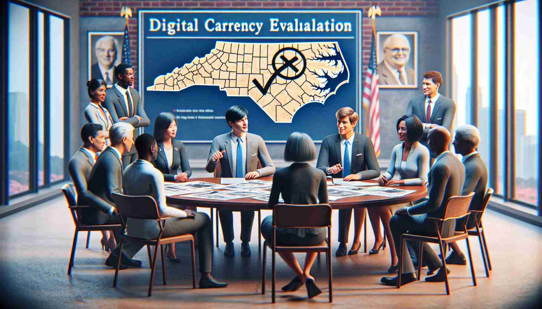 Generate a detailed scene of a state government office in North Carolina, symbolizing the move to challenge federal policies. Show several officials - an Asian woman, a Black man, and a Middle Eastern woman - engaged in a lively discussion around a table. On the table, depict a large paper with the heading 'Digital Currency Evaluation' crossed out. On a nearby wall, display a map indicating North Carolina. Make it a realistic high-definition image.