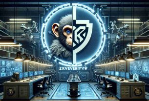 An hyperrealistic, high-definition image presenting a merger symbolizing unity between two fictional technology companies. One entity is represented as a sophisticated laboratories setting, filled with advanced technological equipment, and the other has an emblem featuring a playful ape. Both are intrigued with enhancing the gaming experience, and at the core of their unity is a display of 'zkVerify Technology', visualized as an intricate and futuristic mechanism.