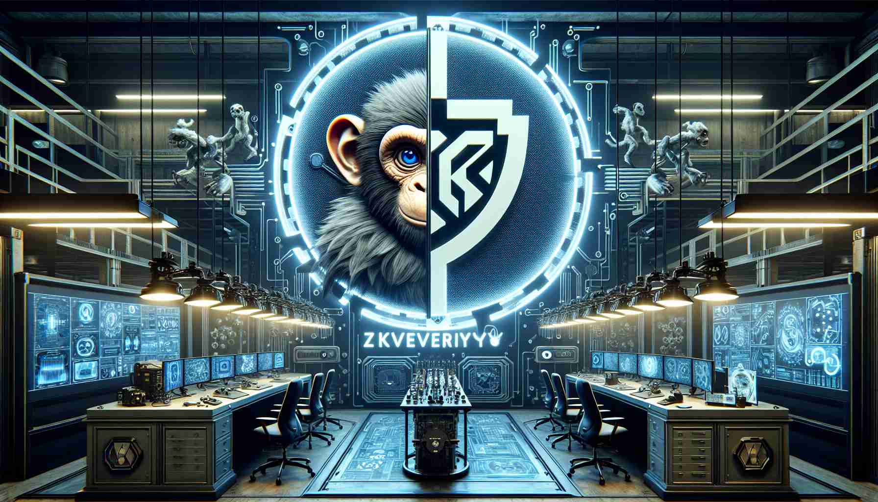 An hyperrealistic, high-definition image presenting a merger symbolizing unity between two fictional technology companies. One entity is represented as a sophisticated laboratories setting, filled with advanced technological equipment, and the other has an emblem featuring a playful ape. Both are intrigued with enhancing the gaming experience, and at the core of their unity is a display of 'zkVerify Technology', visualized as an intricate and futuristic mechanism.