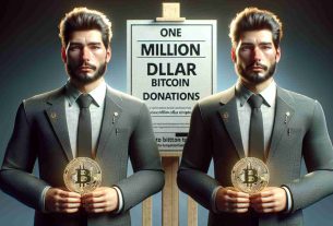 Hyper-realistic, high definition artwork of two identical businessmen, neither of whom are specific individuals but appear to be of Caucasian descent, standing beside a sign reading 'One Million-Dollar Bitcoin Donations'. Each businessman is holding a digital rendering of a Bitcoin. They are exhibiting expressions of determination and support.