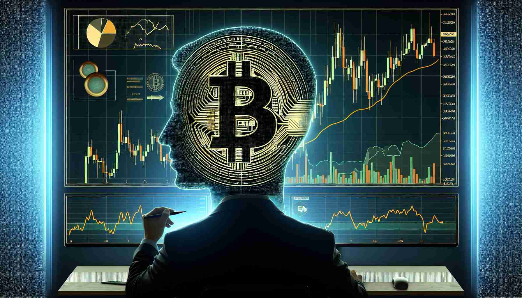 Create a realistic high-definition image of the classic Inverse Head and Shoulders trading pattern applied to a Bitcoin price chart. It should depict three troughs, with the middle one being the deepest, resembling an upside down human shoulders and head silhouette. Include key technical analysis indicators and charting tools, on a digital display to show the predictive analysis sparks.