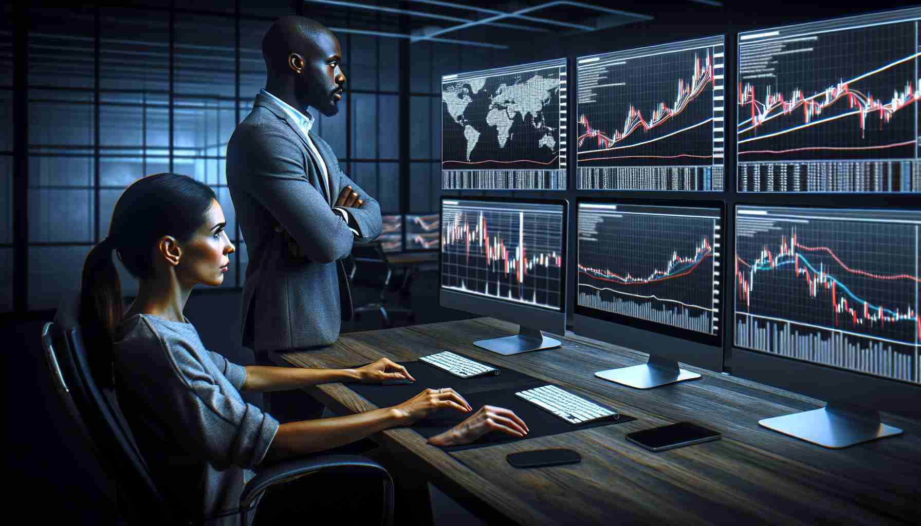 Generate a realistic HD image of a diverse team of two market analysts, a Caucasian woman and a Black man, in a modern office, scrutinizing multiple computer screen displays of cryptomarket trends and graphs. On the screens, the trend lines are indicating a decline yet potential turning point indicating a possible cryptocurrency bottom.