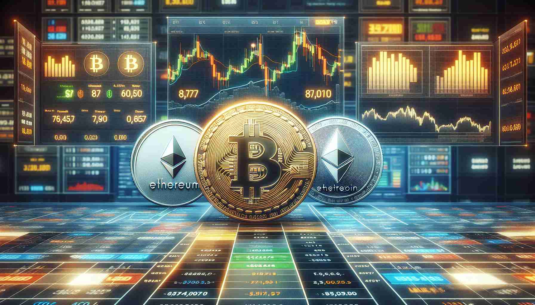 An HD, photorealistic image showcasing an analytical viewpoint of major cryptocurrencies. The main focus could be a table or a chart with the logos of popular cryptocurrencies such as Bitcoin, Ethereum, and Litecoin. The table should be populated with various data points reflecting the current and historical market values of these cryptocurrencies. The background could be a dynamic financial market environment with screens displaying data, graphs, and numbers.