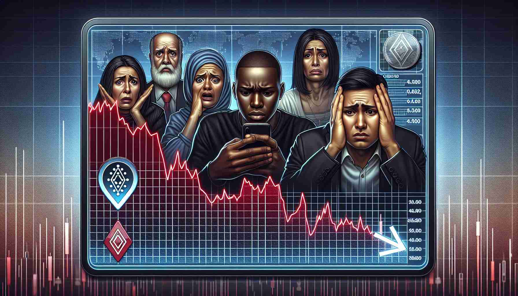 A detailed and realistic high definition image depicting a concept associated with cryptocurrency. Display a chart showing a downward trend, symbolizing the struggle of Cardano's price. The chart plot is filled with red, indicating a drop in prices. Also, show the emotions of a group of diverse investors: a Middle-Eastern woman with a worried look, a Black man scrunching his forehead in concern, and a South Asian man nervously checking his phone.