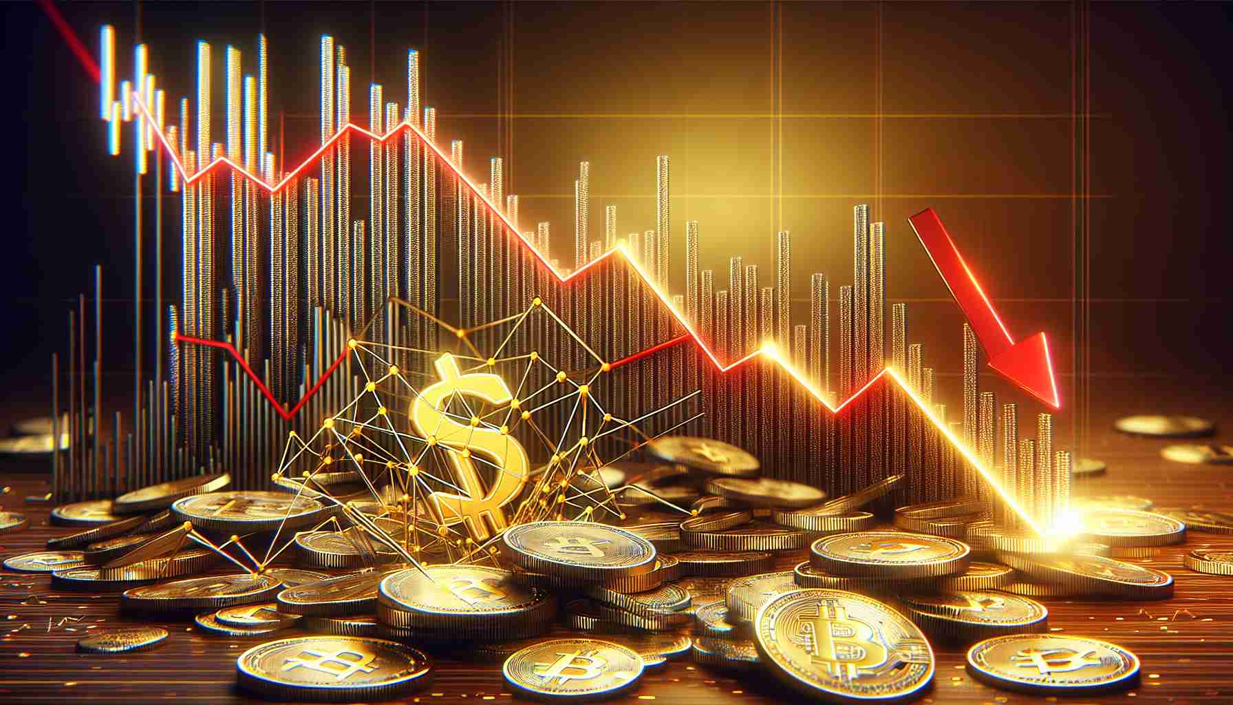 A hyperrealistic high-definition visualization representing the concept of opportunity in a declining crypto market. The graphic may feature fluctuating line graphs showcasing crypto assets' downward trends, but with underlying glimmers of opportunity, such as upward-pointing arrows amidst the decline, or the presence of golden coins indicating profitable potentials. Please emphasize the dichotomy between risk and potential reward, the fading red of declining charts contrasted against the hope brought by golden opportunities.