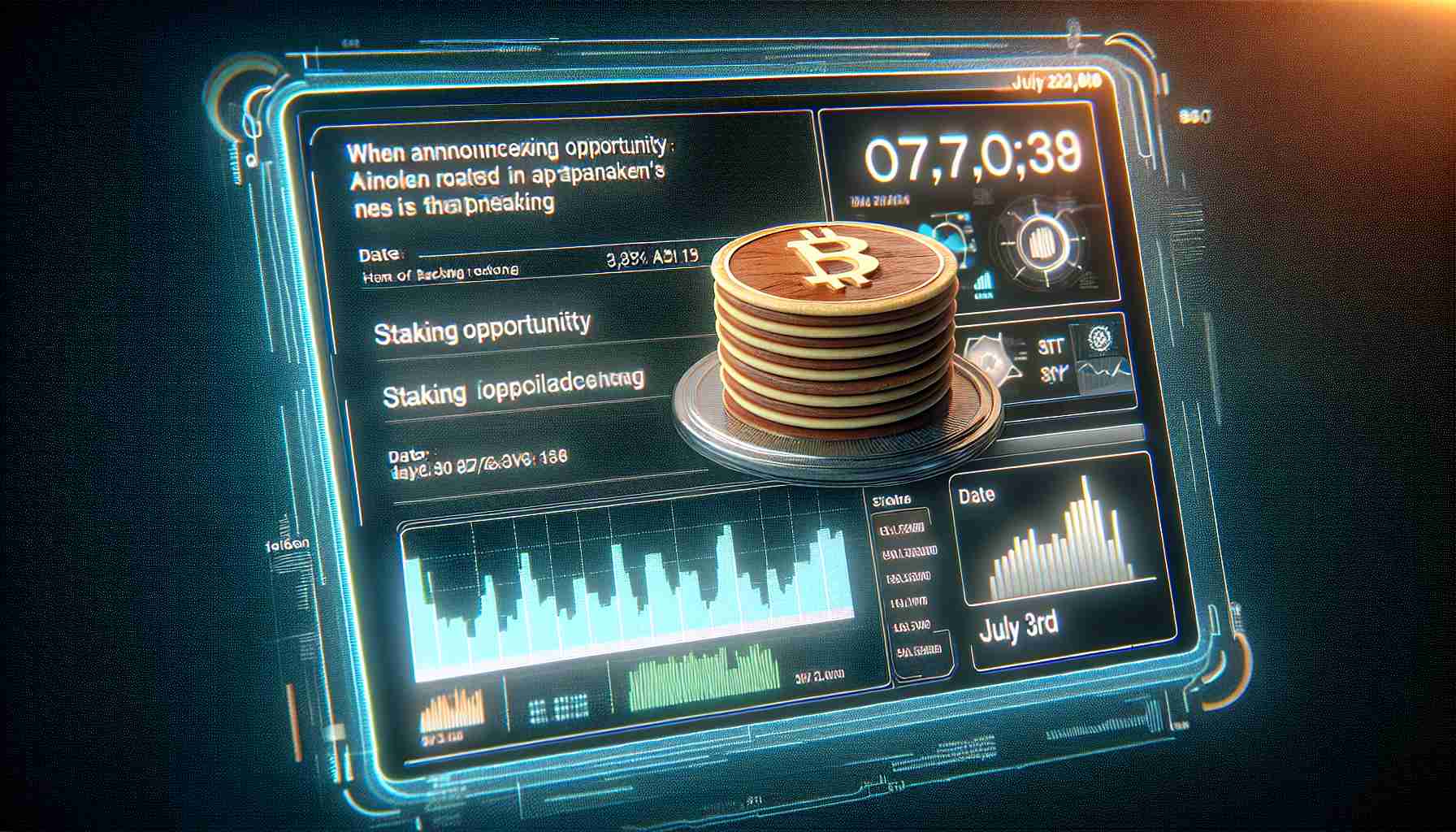 High-definition realistic image depicting the announcement of a new staking opportunity on a digital currency platform, specifically related to pancakes, with a date set on July 3rd. The scene shows a digital screen with texts, graphs, and other visual elements conveying this information.