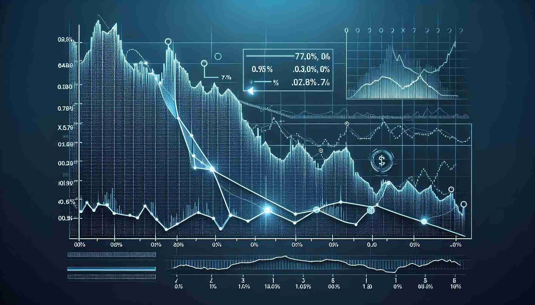 Visual representation of a market dip for a cryptocurrency named Solana, depicted as a steep downhill slope on a line graph. The graph should be in HD quality and very detailed, highlighting a 7% decrease in value. Please include surrounding elements of typical stock market representations, such as data points, gridlines, x and y-axes with labels, and fluctuation in line trends indicating 'mixed signals'.