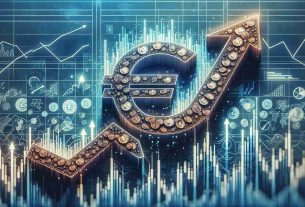 A realistic and high-definition image of the concept of 'Rise of the Euro Stablecoins Amidst New Regulation'. It should be an abstract symbolic representation. Imagine a banner headline in a major financial newspaper. A large euro symbol at the center that you'd find in financial charts, made up of many small stablecoins, in an upward trajectory symbolizing 'rise'. Surrounding the euro symbol, various symbols representing new regulations. Now, add an overlay of a graphical chart with upward trends and arrows, and indicators of fluctuations.