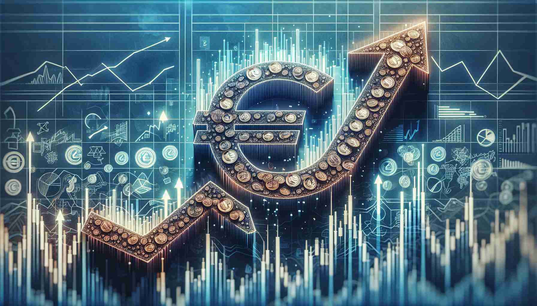 A realistic and high-definition image of the concept of 'Rise of the Euro Stablecoins Amidst New Regulation'. It should be an abstract symbolic representation. Imagine a banner headline in a major financial newspaper. A large euro symbol at the center that you'd find in financial charts, made up of many small stablecoins, in an upward trajectory symbolizing 'rise'. Surrounding the euro symbol, various symbols representing new regulations. Now, add an overlay of a graphical chart with upward trends and arrows, and indicators of fluctuations.