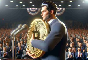 A realistic, high-definition portrayal of an unnamed public figure, recognisable for his signature slicked-back hairstyle and suit, affectionately embracing a large, golden, tangible representation of cryptocurrency. The figure is looking out towards an audience, attempting to appeal to digitally-engaged voters. The scene takes place in a modern-day political rally setting, complete with microphones, bustling crowd in the background, and campaign banners.