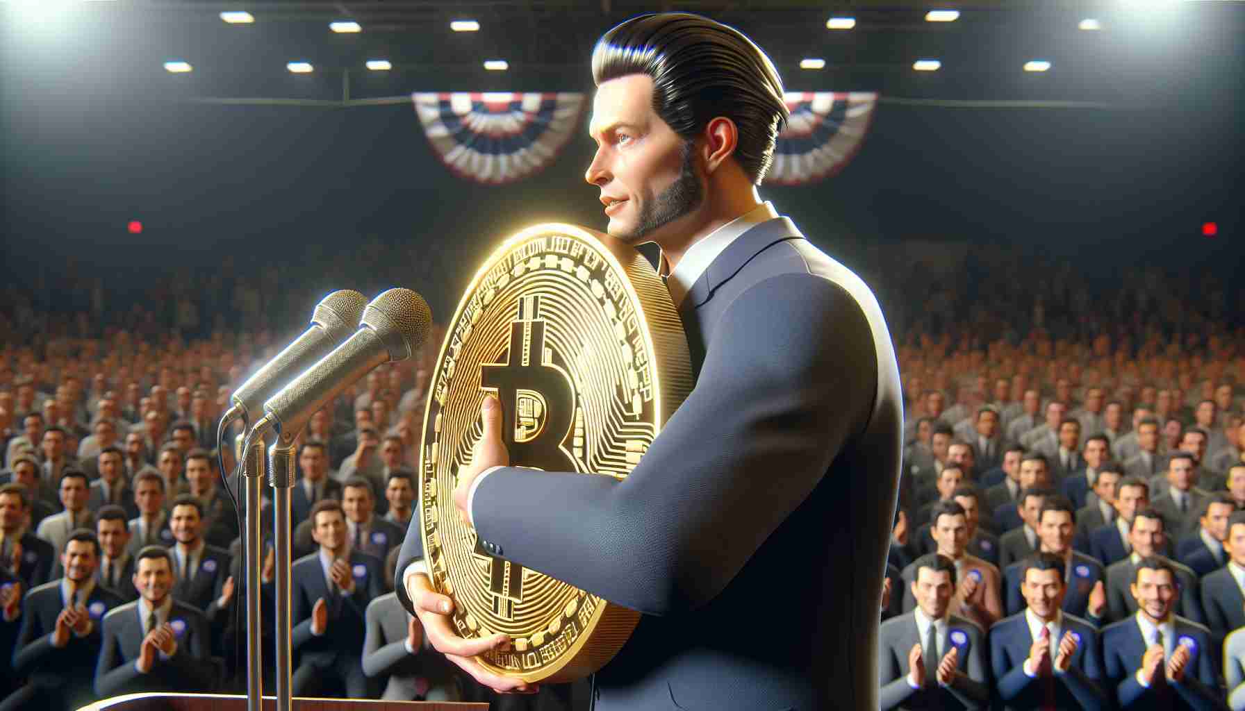 A realistic, high-definition portrayal of an unnamed public figure, recognisable for his signature slicked-back hairstyle and suit, affectionately embracing a large, golden, tangible representation of cryptocurrency. The figure is looking out towards an audience, attempting to appeal to digitally-engaged voters. The scene takes place in a modern-day political rally setting, complete with microphones, bustling crowd in the background, and campaign banners.