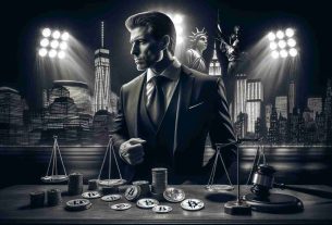 High definition realistic image of a middle-aged Caucasian male investor dealing in cryptocurrencies, dressed in a stylish business suit, caught in the harsh spotlight of the justice system, juxtaposed against the backdrop of the unique architectural silhouettes of New York City. The aim is to portray the intensity and gravity of his legal situation without depicting or promoting any form of violence or assault.