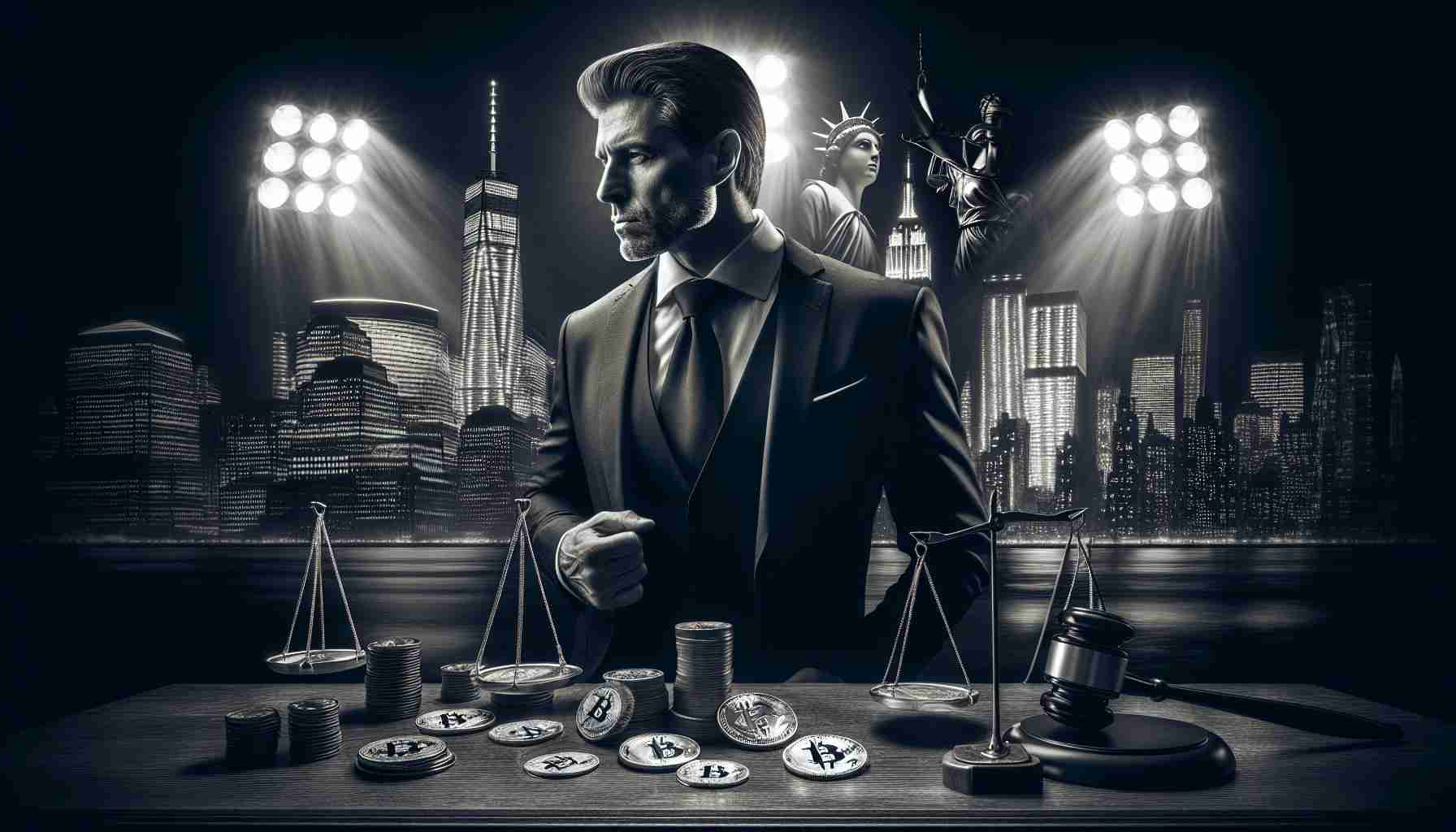 High definition realistic image of a middle-aged Caucasian male investor dealing in cryptocurrencies, dressed in a stylish business suit, caught in the harsh spotlight of the justice system, juxtaposed against the backdrop of the unique architectural silhouettes of New York City. The aim is to portray the intensity and gravity of his legal situation without depicting or promoting any form of violence or assault.