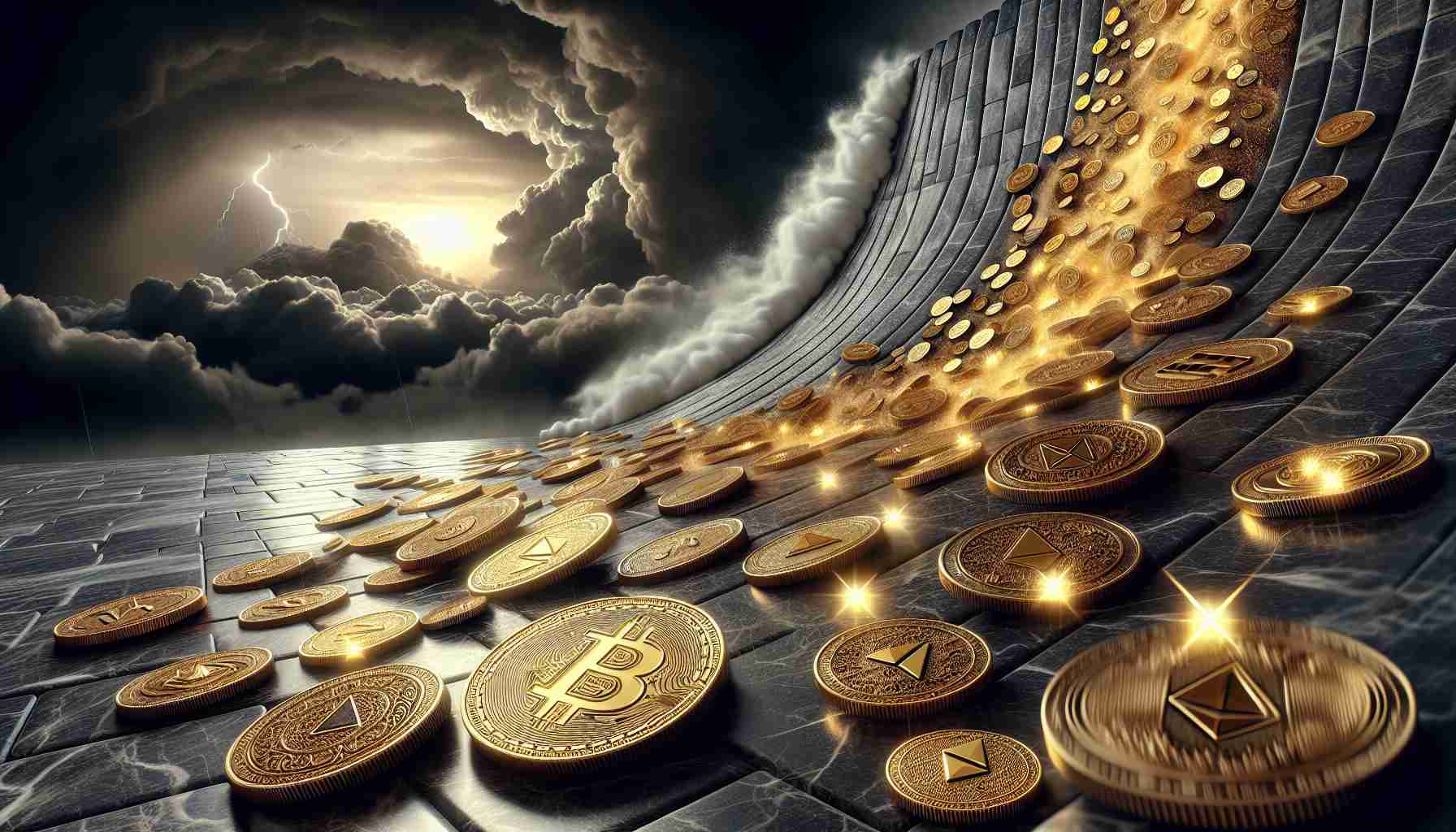 Create a detailed realistic high-definition image depicting the shift in cryptocurrency values. Illustrate this metaphorically by showing a variety of antique golden coins rolling down a slope, each coin engraved with different patterns and symbols to represent different types of cryptocurrencies. The slope is steep and made of shiny marble. On the skyline, there's a storm brewing, symbolising the volatile nature of the market. The coins sparkle despite the dark clouds, indicating potential for recovery after the downward adjustment. The setting is an ancient Roman marketplace to represent the timeless nature of trading and economics.