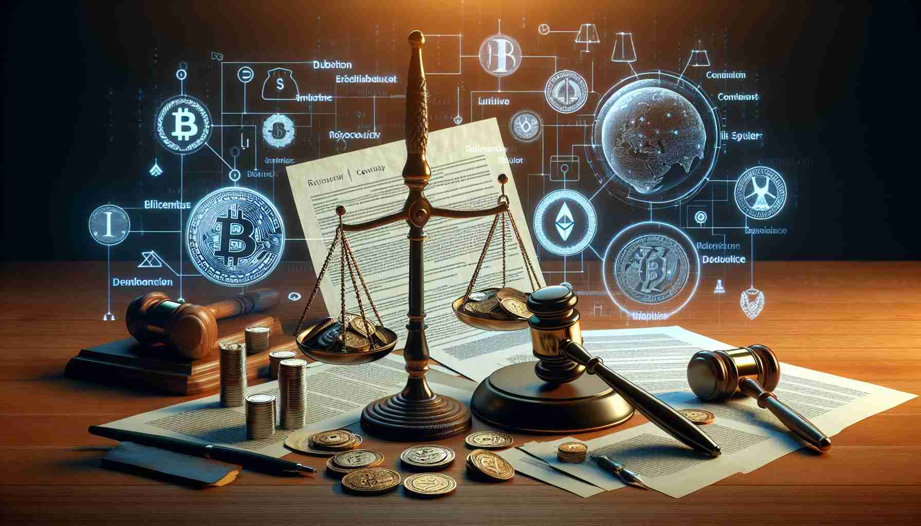 Realistic high definition image portraying the concept of a court battle involving a major tech company over cryptocurrency claims. Includes scales of justice, gavel, relevant legal documents peppered with references to crypto terminology, and symbolic representations of both the tech company and cryptocurrency.